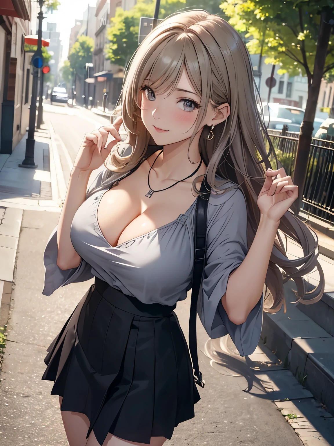 (Top Quality, High Resolution, Masterpiece, 4K), (soft light, shiny hair, beautiful eyes), young woman, full body view, lovely smile, ((long wavy hair, bangs, light colored hair)), ((greedy eyes, gray eyes, perfect eyes)), ((detailed face, blush:1.1)), (( Smooth texture:0.75, Realistic texture:0.65, Realistic:1.1, Animated CG style)), Large breasts, cleavage, seductive body, (wrap blouse, tight skirt, attractive thighs visible), Pretty necklace, cute earrings, coming down big stairs in park, tree-lined street walking down a tree-lined street, strong sunlight, hand in own hair, showing chest with smiling , from above++, holding sunglasses in mouth, gesture of hair tied back with both hands, dynamic pose