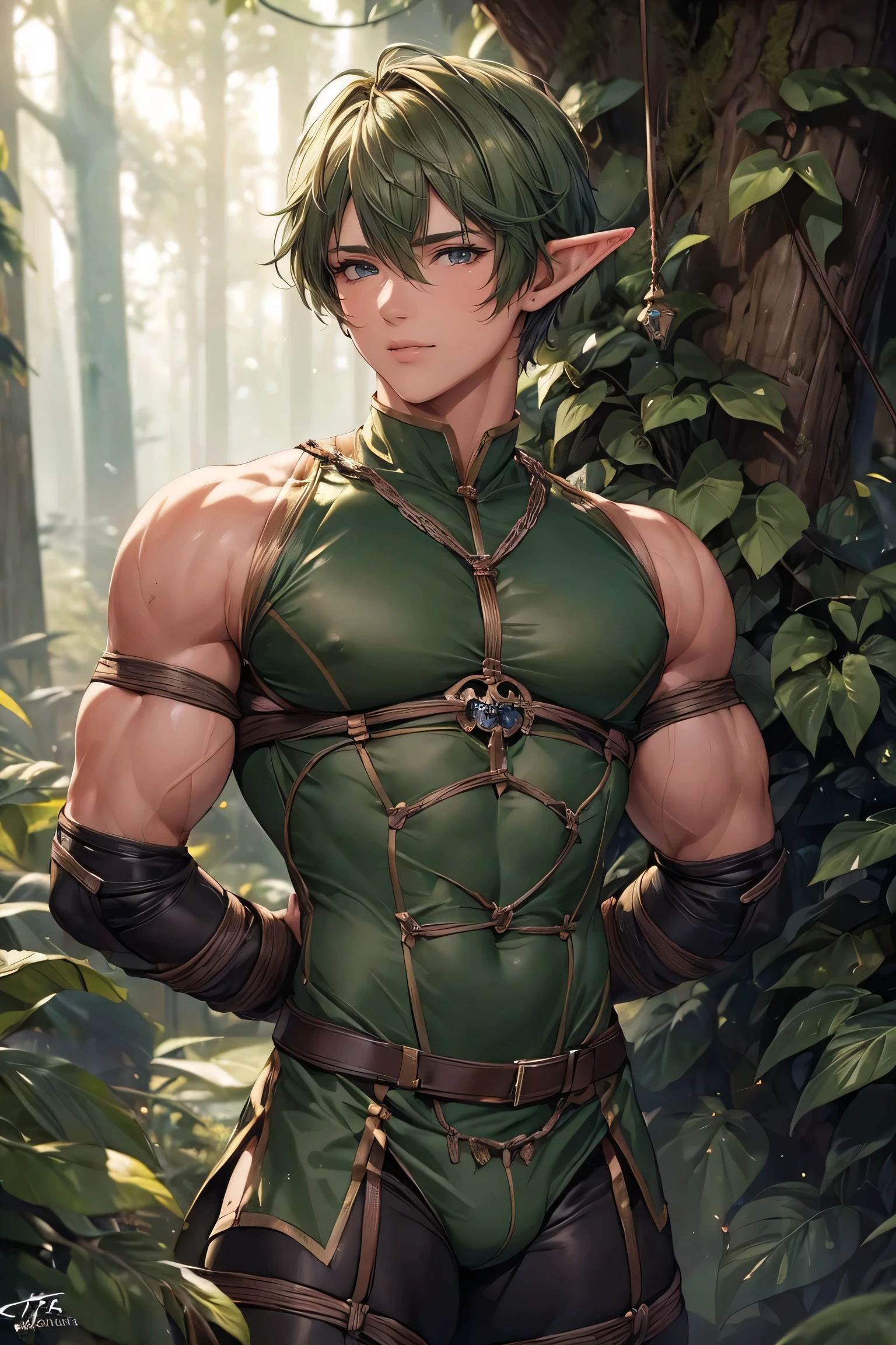 ((Masterpiece, ultra high definition, detailed, 8K)), 1 elf boy, Dimly lit forest in the background, ((Body bound, bondage style costume)), twink, handsome face, gay erotic, raised sexy, 