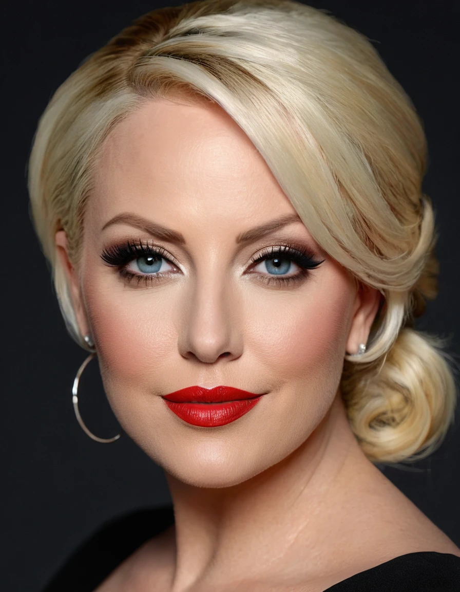 A waist-up portrait of a beautiful female whose face combines features of Shanna Moakler + Meghan McCain. The female has lovely makeup on her face. The female wears red lipstick. Symmetrical eyes. Symmetrical face. Lovely details. Photorealistic. Full-colored photo. Professional photo. Highly detailed 8K.