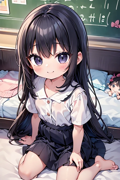 One person、Long Hair、Lori、Black Hair、With bangs、((2 year old girl))、small、((baby))、Baby Face、smile、Big eyes、barefoot、((Kindergarten clothes))、black eye、cute、身長のsmall、bed、Show the whole body、