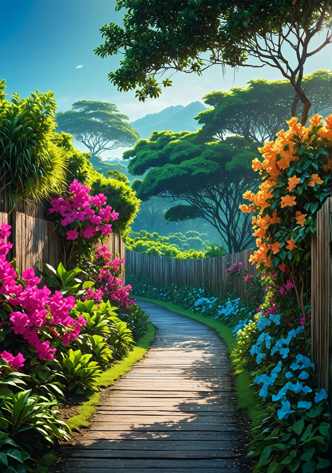 (masterpiece:1), (wide view:1.5), (a narrow lane of trees flowers and bushes:1.6), (lo-fi vibe:1.3), (dense greenery all around:1.5), (nature:1.3), silence, (reflection:1.4), (blue vast wide open sky:1.5), (soft glow of vibrant nature tones:1.4), magnificent sky, (volumetric light:1.2), peaceful, (after rain scene:1.5), (long grass:1.3), (colorful Bougainville flowers on walls:1.3), (wooden fencing:1.5), (tropical plants:1.4), (beautiful aesthetics:1.2), (untouced beauty:1.4), beautiful tones, subtle colors, peaceful, (illustration: 1.0), epic composition, realistic lighting, (no human:1.6), HD details, masterpiece, best quality, ,