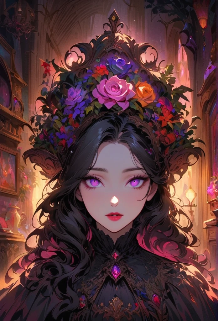 anime,beautiful detailed eyes,beautiful detailed lips,extremely detailed eyes and face,longeyelashes,colorful,vivid colors,portrait,landscape,horror,studio lighting,sharp focus,physically-based rendering,extreme detail description,professional,bokeh,HDR,UHD,ultra-fine painting,concept artists,gothic,Victorian-style bedroom,beautiful witch,dark atmosphere,vibrant colors,soft lighting,enchanted plants,flowing lavender,anime-style characters,mysterious shadows,exquisite details,vintage furniture,luxurious textures,eye-catching composition,romantic mood,rose,kissmark,monochrome,