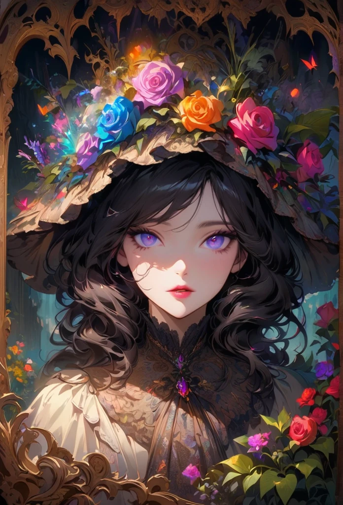 anime,beautiful detailed eyes,beautiful detailed lips,extremely detailed eyes and face,longeyelashes,colorful,vivid colors,portrait,landscape,horror,studio lighting,sharp focus,physically-based rendering,extreme detail description,professional,bokeh,HDR,UHD,ultra-fine painting,concept artists,gothic,Victorian-style bedroom,beautiful witch,dark atmosphere,vibrant colors,soft lighting,enchanted plants,flowing lavender,anime-style characters,mysterious shadows,exquisite details,vintage furniture,luxurious textures,eye-catching composition,romantic mood,rose,kissmark,monochrome,