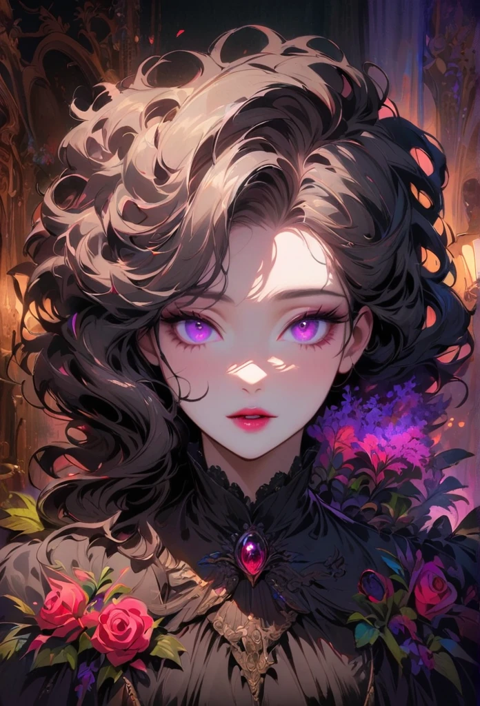 anime,beautiful detailed eyes,beautiful detailed lips,extremely detailed eyes and face,longeyelashes,colorful,vivid colors,portrait,landscape,horror,studio lighting,sharp focus,physically-based rendering,extreme detail description,professional,bokeh,HDR,UHD,ultra-fine painting,concept artists,gothic,Victorian-style bedroom,beautiful witch,dark atmosphere,vibrant colors,soft lighting,enchanted plants,flowing lavender,anime-style characters,mysterious shadows,exquisite details,vintage furniture,luxurious textures,eye-catching composition,romantic mood,rose,kissmark,monochrome,