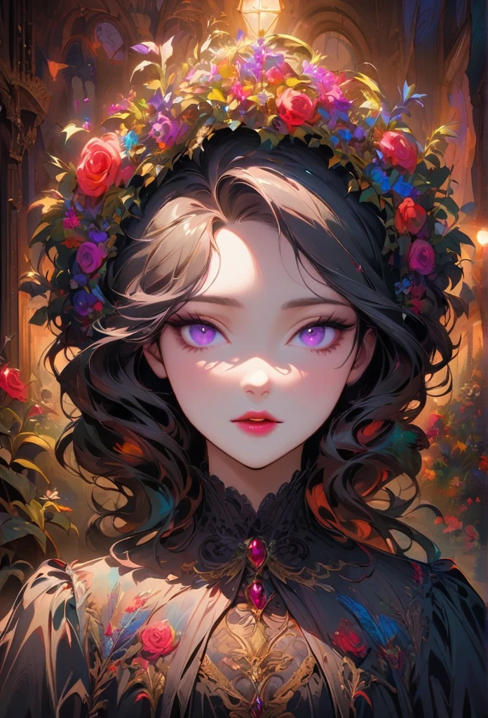 anime,beautiful detailed eyes,beautiful detailed lips,extremely detailed eyes and face,longeyelashes,colorful,vivid colors,portrait,landscape,horror,studio lighting,sharp focus,physically-based rendering,extreme detail description,professional,bokeh,HDR,UHD,ultra-fine painting,concept artists,gothic,Victorian-style bedroom,beautiful witch,dark atmosphere,vibrant colors,soft lighting,enchanted plants,flowing lavender,anime-style characters,mysterious shadows,exquisite details,vintage furniture,luxurious textures,eye-catching composition,romantic mood,rose,kissmark,monochrome,