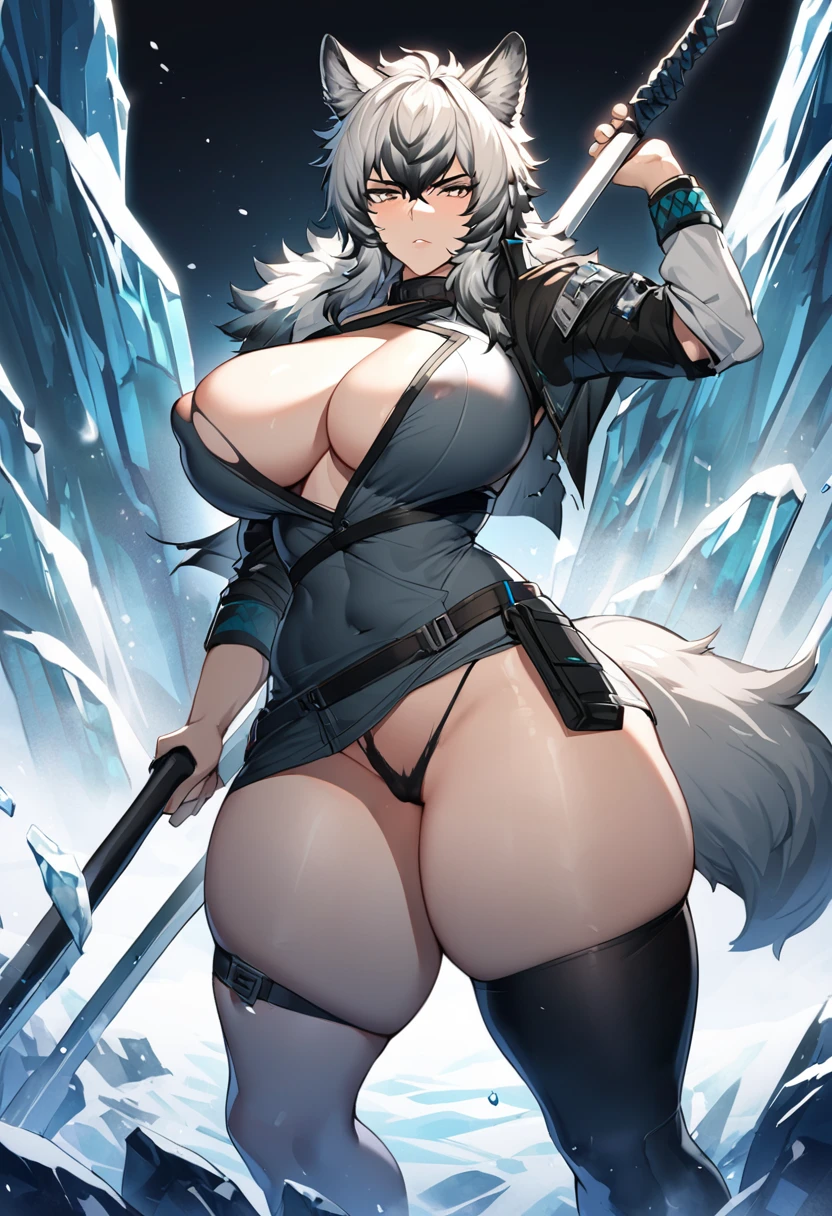 SilverAsh(Arknights),grey hair,animal ears,curvy body,wearing original clothes (half torn off), wielding original weapon (one handed), big breast,big thighs,icy background,midnight setting,very nsfw, uncensored.