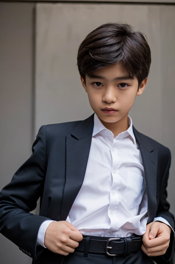 a 13 year old male wearing a suit
BELT VISABLE 4K HIGH QUALITY DETAILED