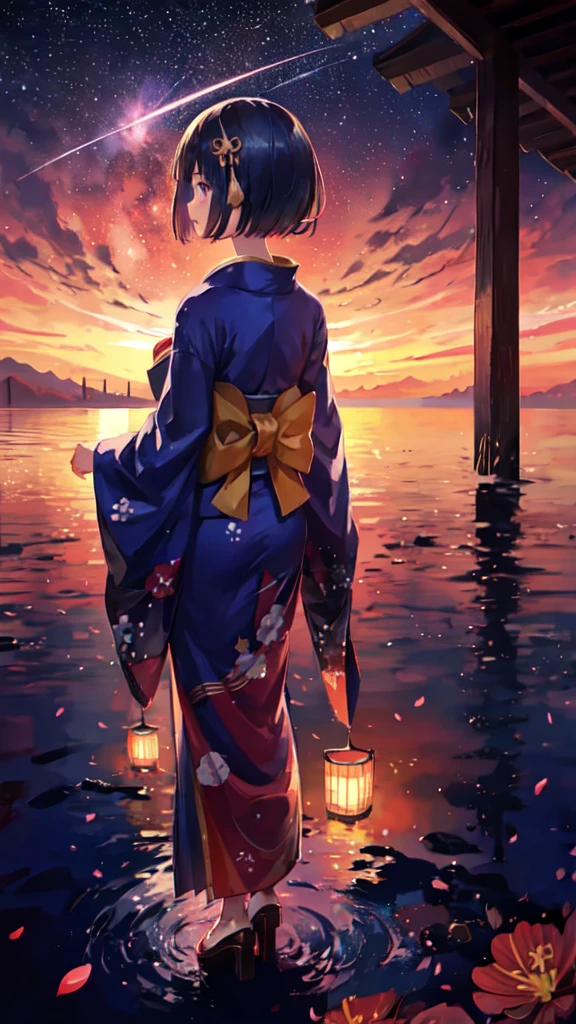 1girl, distant girl wearing a kimono staring at the stars, (zoomed out:1.1), (meteor shower:1.2), (comet:1.1), your name, low angle, from behind, aroura borealis, shooting star, yukata, red kimono, cherry blossoms, standing in a field,best quality, masterpiece,  cloud,colorful, starry,stars,