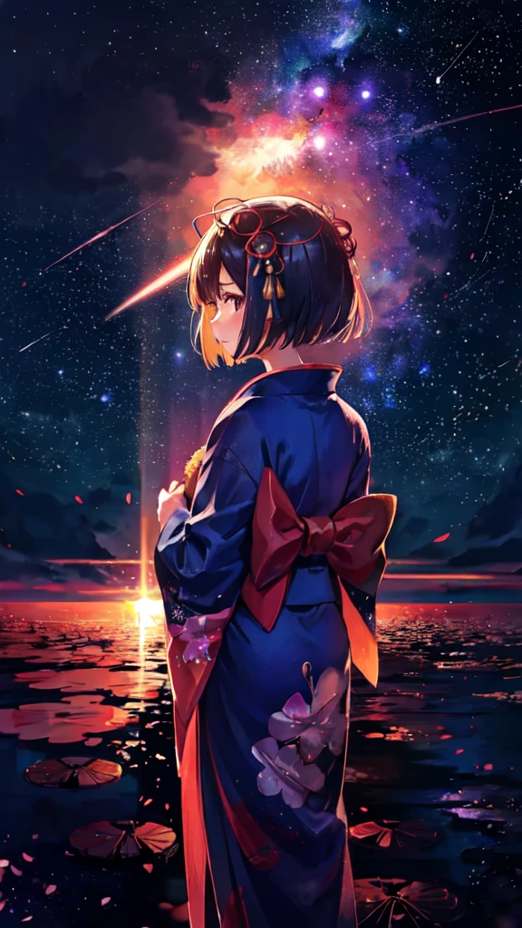 1girl, distant girl wearing a kimono staring at the stars, (zoomed out:1.1), (meteor shower:1.2), (comet:1.1), your name, low angle, from behind, aroura borealis, shooting star, yukata, red kimono, cherry blossoms, standing in a field,best quality, masterpiece, cloud,colorful, starry,stars,