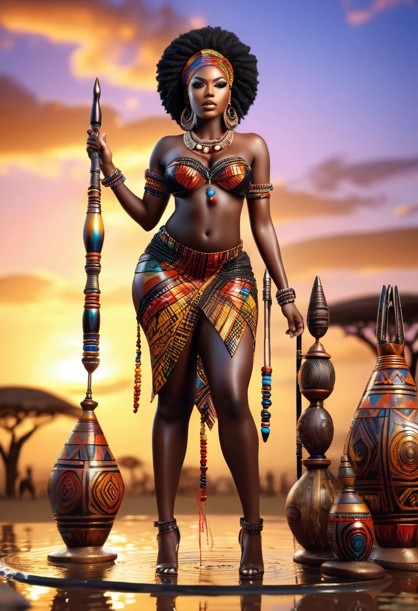 A beautiful curvy black woman dressed in african design clothes and beads standing on a wet surface ground, with african designed sculptures in the background with a sunset, African designed instruments in the scene, with iridescent light, highly detailed images, vibrant beautiful colours, photorealistic image, 32k, ultra HD, unreal engine rendered, cinematic lighting, artgerm style,
