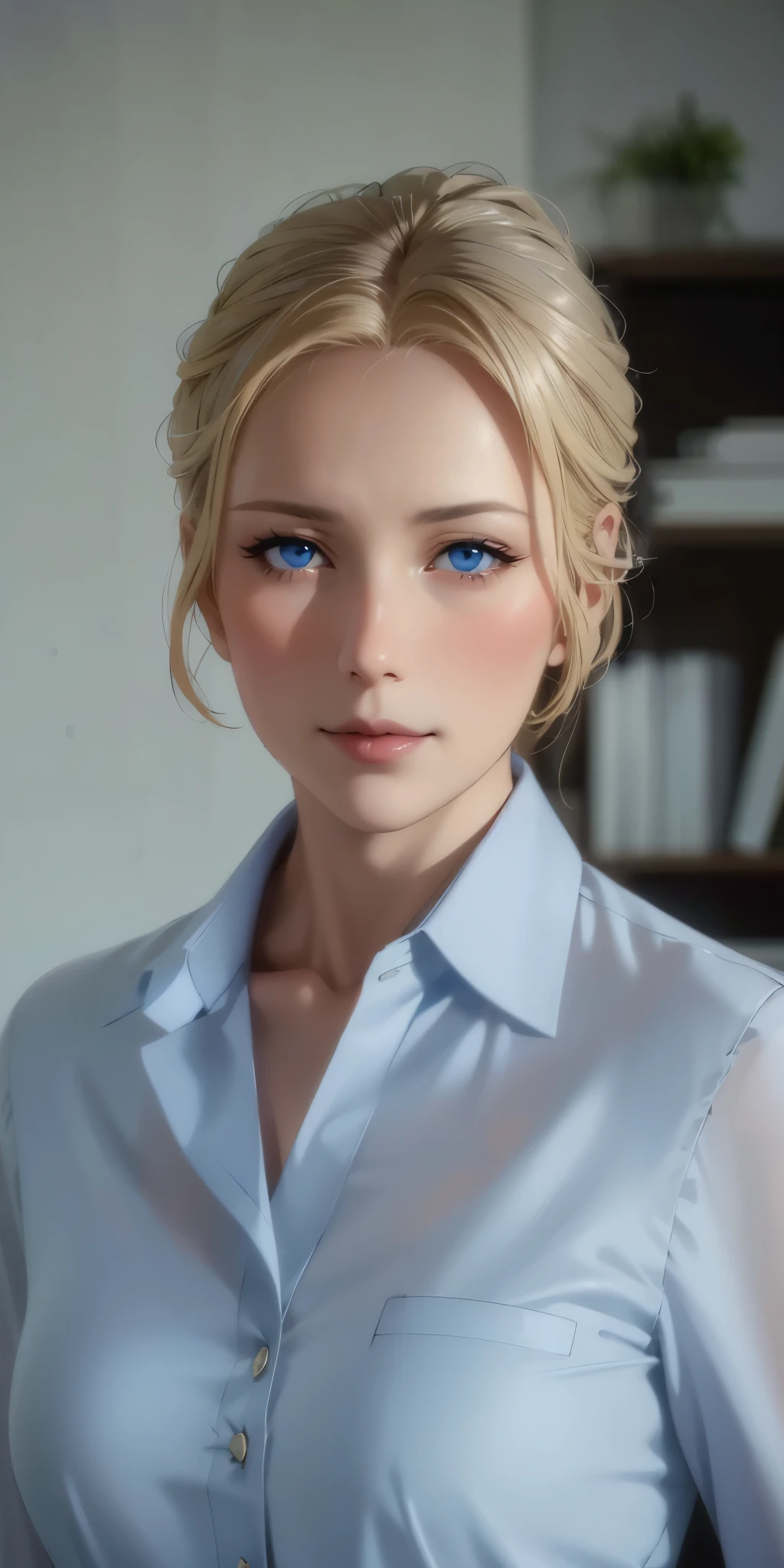 elegant mature woman, blonde, updo hair, blue eyes, soft light, 4k resolution, high detailed, high quality, beautiful cg