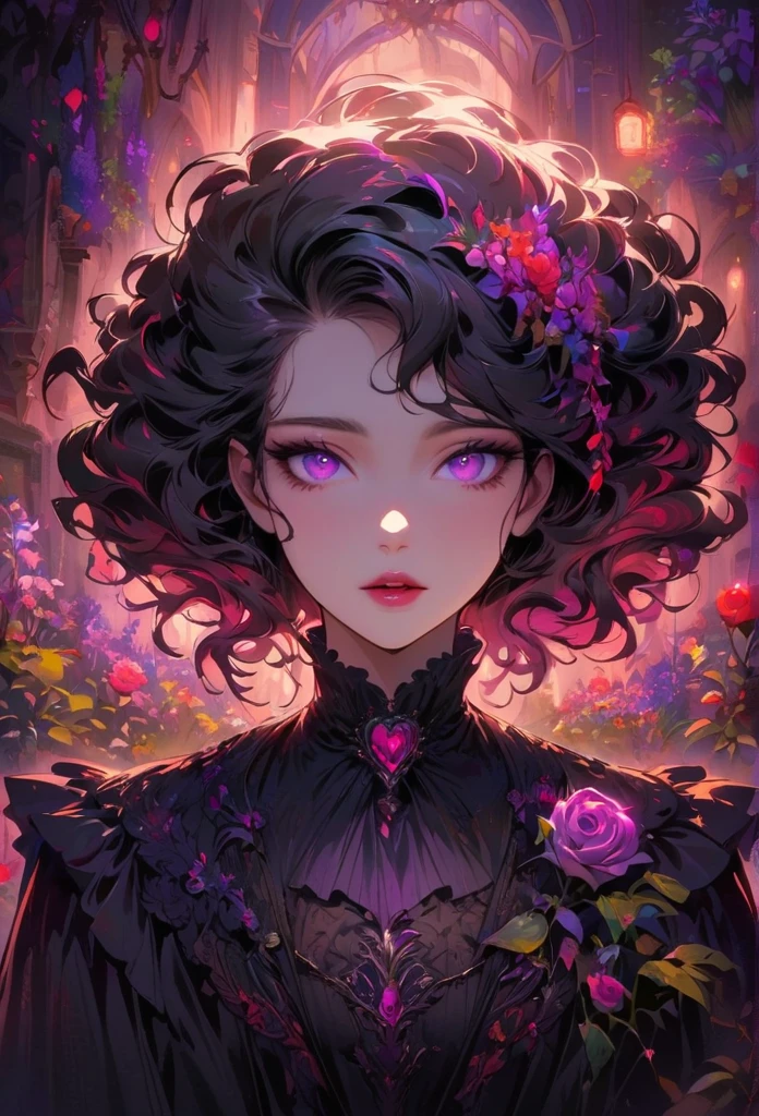 anime,beautiful detailed eyes,beautiful detailed lips,extremely detailed eyes and face,longeyelashes,colorful,vivid colors,portrait,landscape,horror,studio lighting,sharp focus,physically-based rendering,extreme detail description,professional,bokeh,HDR,UHD,ultra-fine painting,concept artists,gothic,Victorian-style bedroom,beautiful witch,dark atmosphere,vibrant colors,soft lighting,enchanted plants,flowing lavender,anime-style characters,mysterious shadows,exquisite details,vintage furniture,luxurious textures,eye-catching composition,romantic mood,rose,kissmark,monochrome,heart