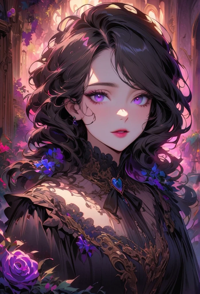 anime,beautiful detailed eyes,beautiful detailed lips,extremely detailed eyes and face,longeyelashes,colorful,vivid colors,portrait,landscape,horror,studio lighting,sharp focus,physically-based rendering,extreme detail description,professional,bokeh,HDR,UHD,ultra-fine painting,concept artists,gothic,Victorian-style bedroom,beautiful witch,dark atmosphere,vibrant colors,soft lighting,enchanted plants,flowing lavender,anime-style characters,mysterious shadows,exquisite details,vintage furniture,luxurious textures,eye-catching composition,romantic mood,rose,kissmark,monochrome,heart