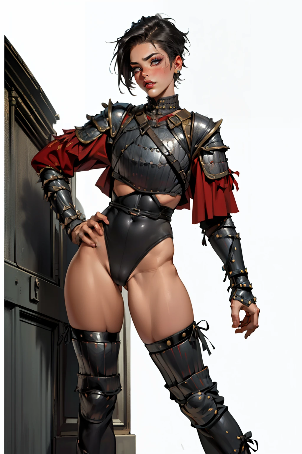 (high resolution, pixel perfect, gorgeous illustrations), (hyper quality, muste piece, etheric: 1.4), ((nsfw)), (((cowboy shot))), face focus, ((1girl)), (((boyish))), (((((punk))))), hot Rocker punk girl, ((((sexy pose, open stance)))), cool atmosphere, black hair, ((((very_short_hair, slicked_back_hair)))), (((piercing))), eyelid_piercing, nose_piercing, (((Exquisite face, aroused))), blush, ((black_lips)), (gothic_makeup), tattoo, ((((muscular_female)))), (ideal ratio body proportions, slender, flat chest), fighter, ((((wh_chi_armor)))), ((highleg_leotard_armor)), (((cameltoe))), shiny skin, gleaming skin, simple background,