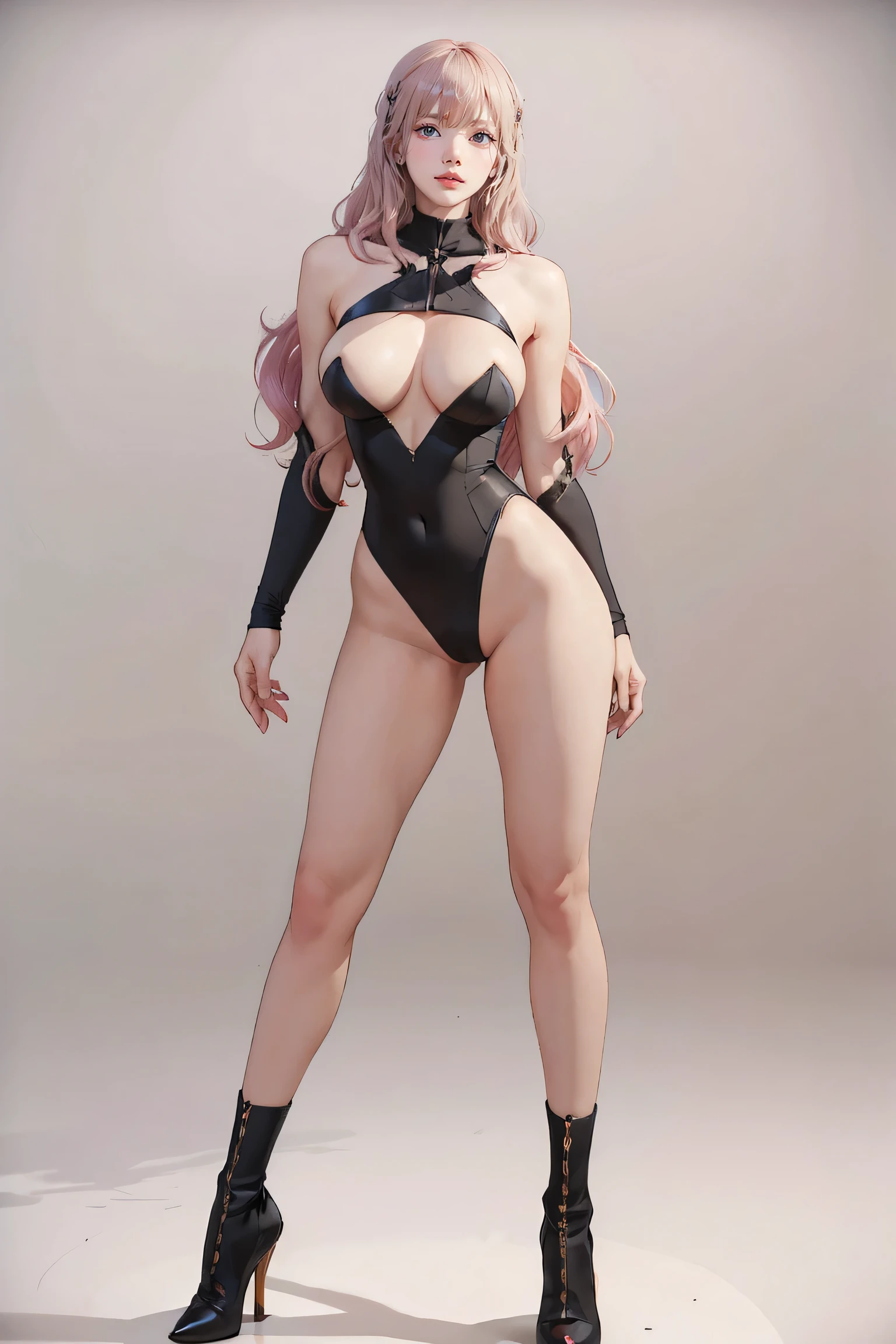 Masters of Animation, A perfect masterpiece, On a snow-white background、Cool outfits, Sexy and modern clothing、Sexy mature modern woman standing, Flowing pink hair, Spanish Curly Hair, Full Body Stand Posture, Thin legs, ((Large Breasts)), Detailed facial details, Natural and beautiful standing posture, Crisp and realistic body detail,(NSFW:0.9)