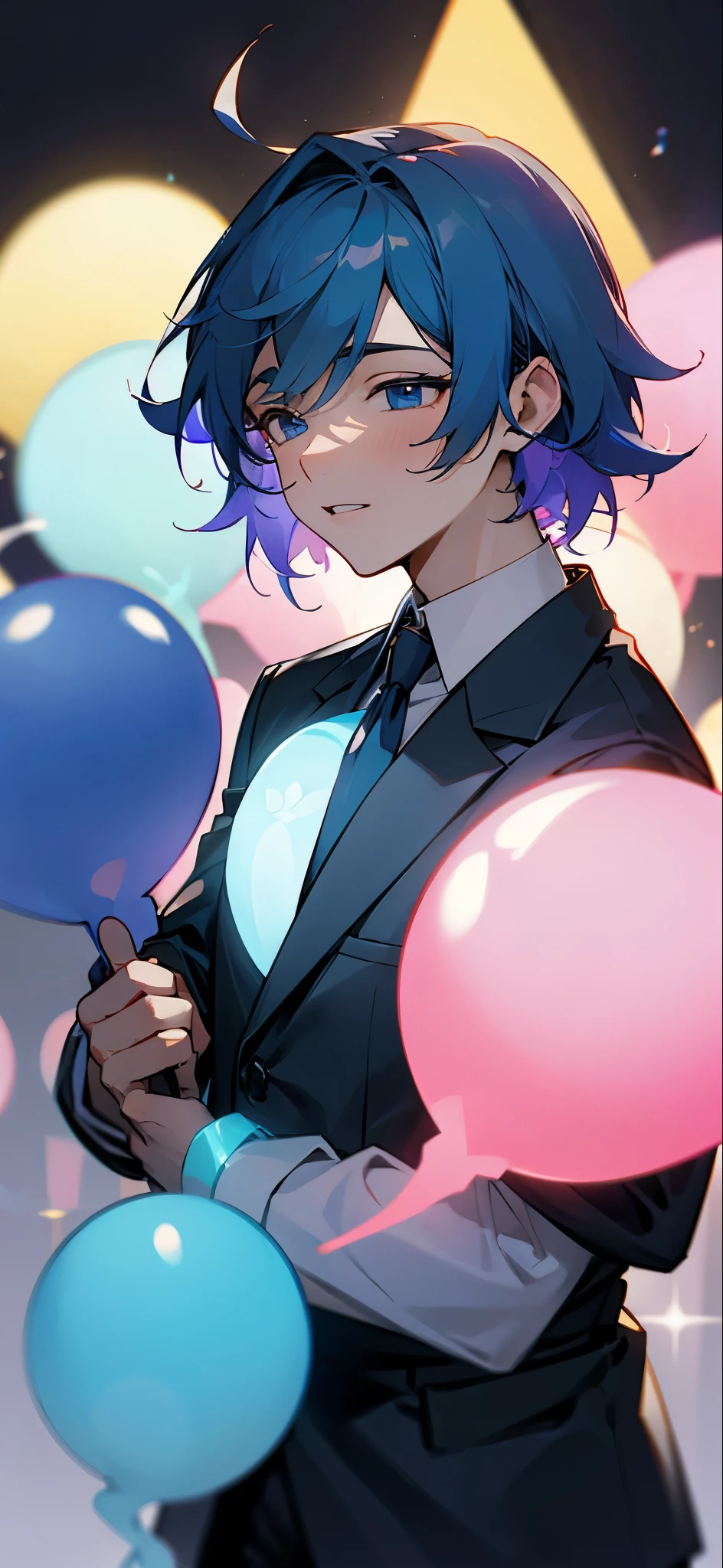 Imagine the MBTI Consul、A young man in blue having a humorous conversation。Active and party atmosphere。