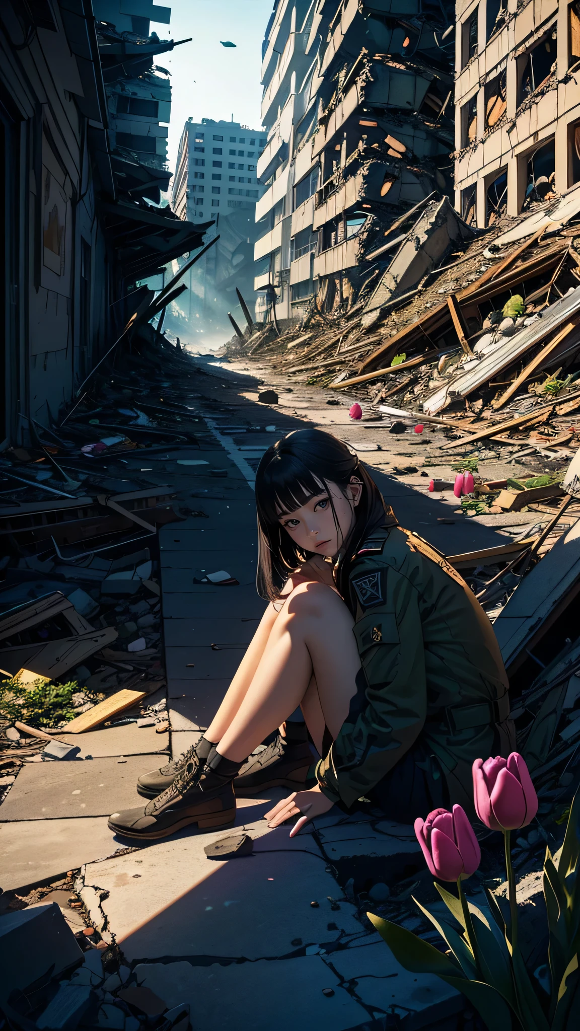 (((distant shadow))),  (perfect anatomy), (Perfect ratio of fingers to thumb), (Highest quality,4K,8k,High resolution,masterpiece:1.2),Super detailed,(Realistic,photoRealistic,photo-Realistic:1.37), War-ravaged urban areas,((Rubble pile,Rubble pile,Rubble pile around,There is no safe building anywhere.:1.5)), Using the rubble as a backrest,A woman in military uniform sits with her legs stretched out, looking sulky., In front of her are tulips, ((The light only hits the tulips,Only the tulips are colored)), dark theme