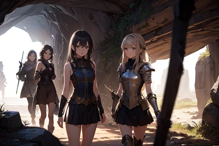 A group of female medieval fantasy adventurers, (in cave), various hair styles, harem, dark, details face, short skirt, seducing, sleeveless, armor