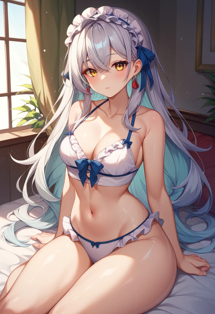 One Girl、Long Hair、Slightly large chest、（Slightly large chest：1.4)、Thick thighs、（Thick thighs：1.2)、Silver Hair、Golden Eyes、frilled hairband、Lingerie Dresses