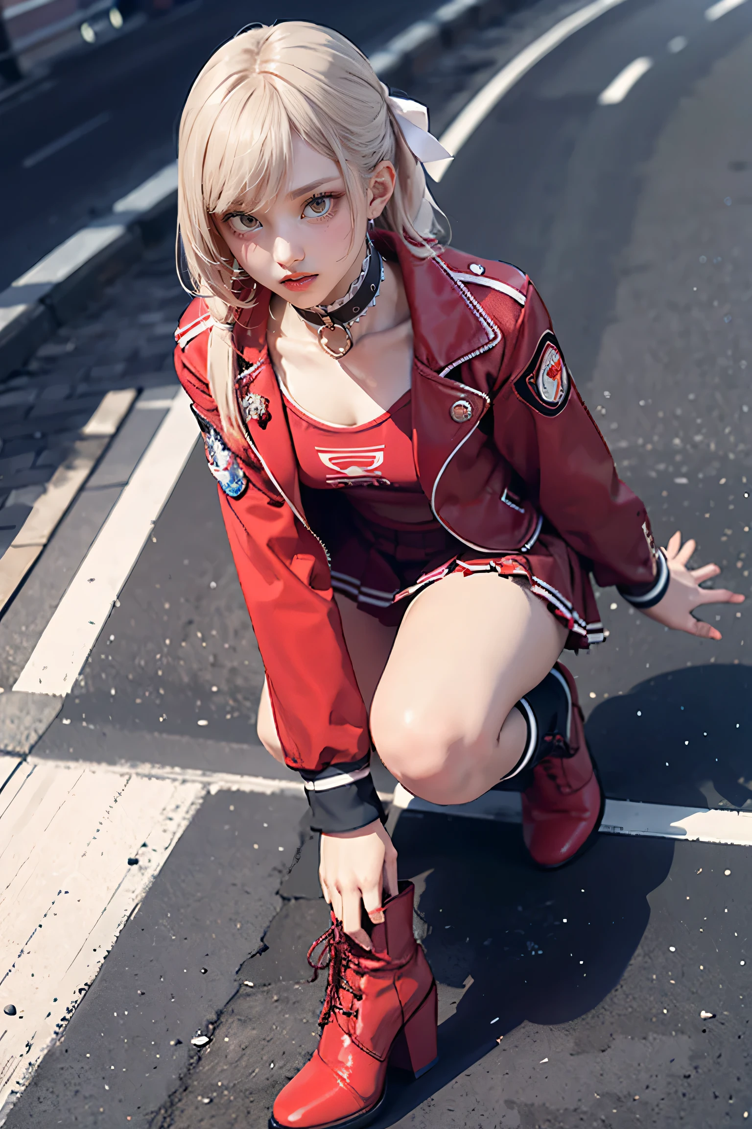 masterpiece, Highest quality, Red knee socks, Red jacket, Pleated skirt, Red Skirt, Long sleeve, choker, Red Shirt, Open jacket, White ribbon, High heel boots, Asphalt road, Traces of Gaze, Night Sky, neon, From above,Revealing clothing,NSFW,
