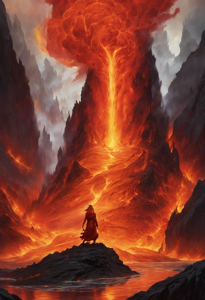 Fantasy-style digital artwork featuring a fiery, ethereal figure emerging from a volcanic landscape. The central subject is a humanoid figure with flames for hair and a body composed of fire, giving the appearance of a fire spirit or elemental. The figure is positioned in the center, rising from a pool of molten lava atop a rocky outcrop. The background is dominated by intense shades of red, orange, and yellow, depicting a hellish, volcanic environment with flowing lava and dark, jagged rocks. The overall composition is dynamic, with the flames and lava creating a sense of movement and energy.