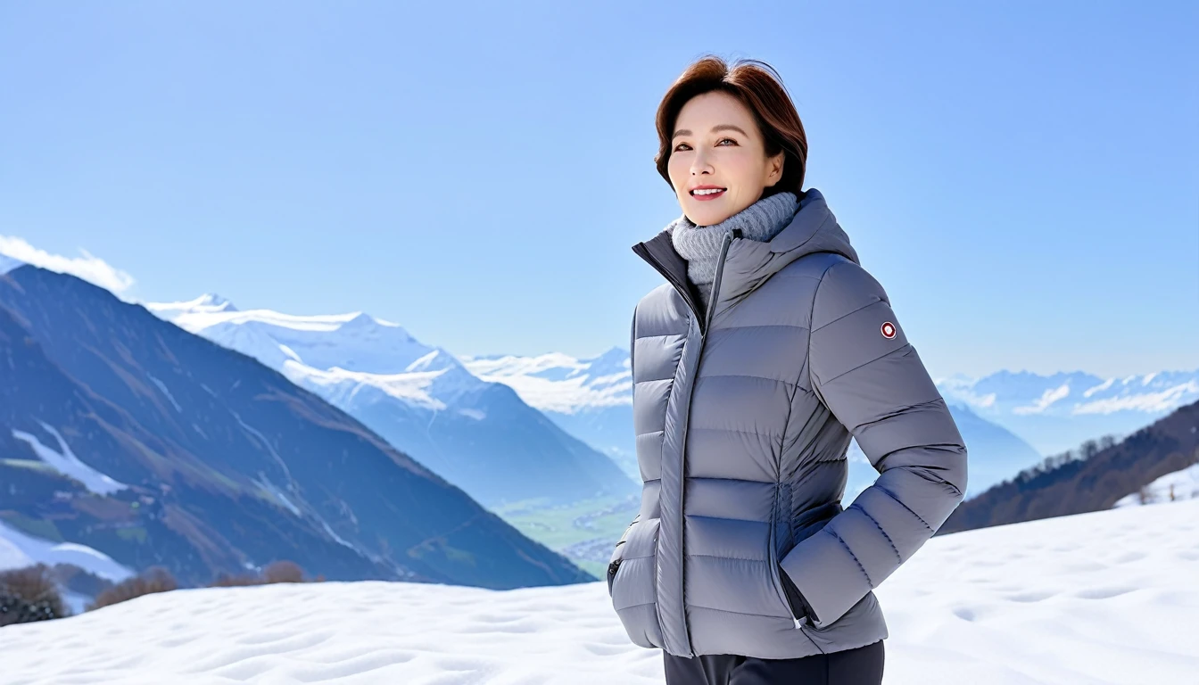 In snowy Switzerland, middle metaverse, with short hair, 3~Female model in her 40s, 4 thousand ], 4K], 37 year old Korean woman, Inspired by movie star Kim Ji-won, View of the snowy landscape of Jungfrau, Switzerland. padded jacket, casual pants. thick muffler、gray muffler, Photo showing the waist area, slightly smiling expression, Slight wrinkles are visible on the face of a woman in her 50s.. casual pants를 입고, Show your waist. Standing on white snow, Woman in her 50s, 1 woman alone, Visible up to the waist.