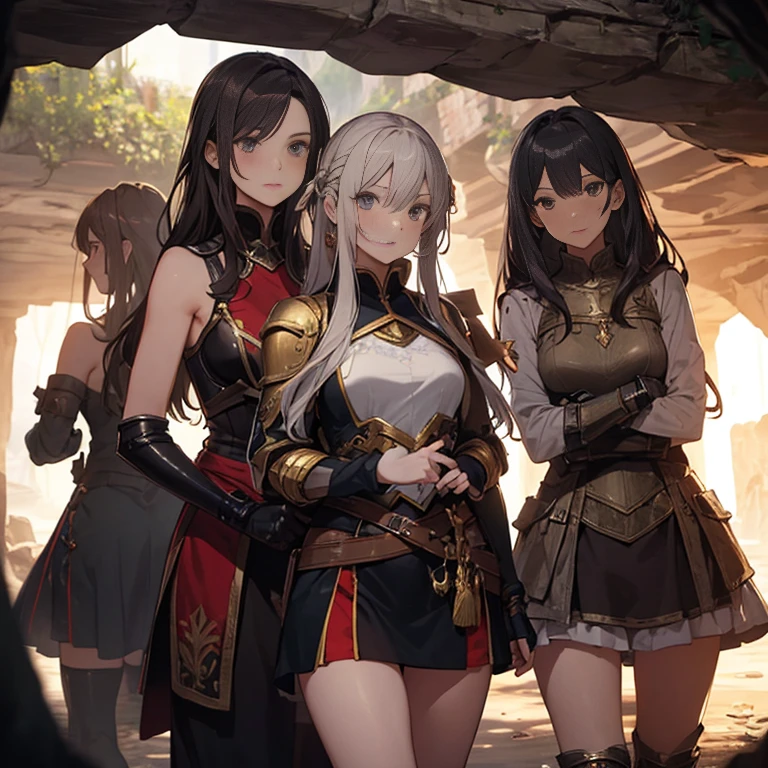 A group of  female medieval fantasy adventurers, (in cave), various hair styles, harem, dark, details face, short skirt, seducing, sleeveless, armor 