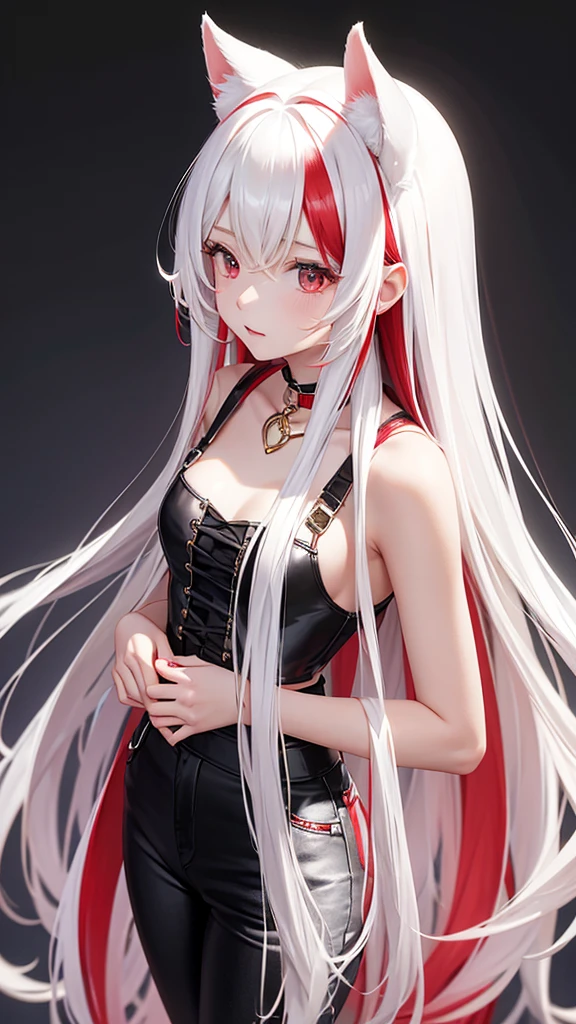 White and red gradient hair、long hair、Wavy Hair、One Girl、cute、Black bustier、Skinny jeans