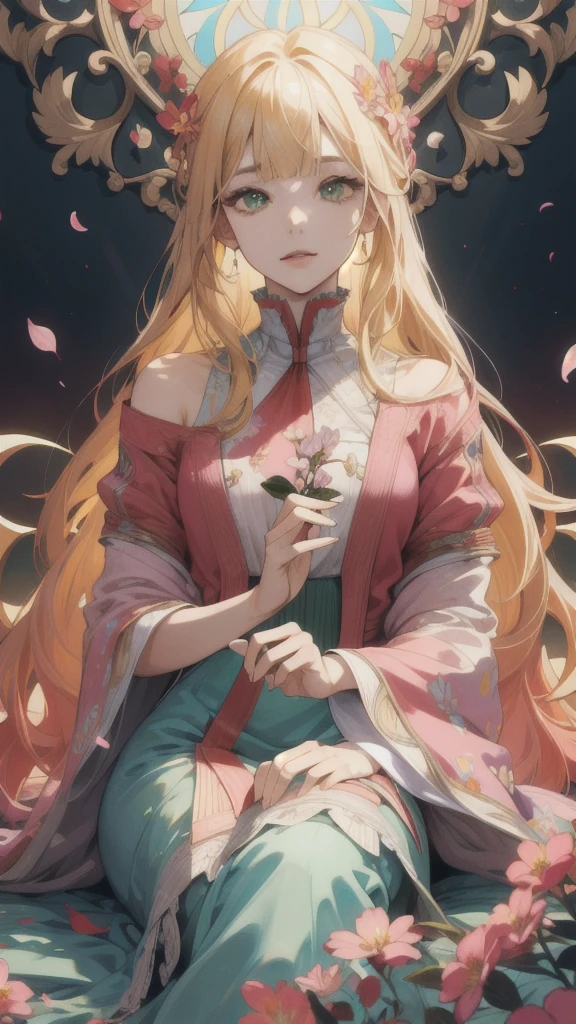 (absurdres, highres, ultra detailed), 1girl, mature female,Alice,wavy blonde hair, long hair, blunt bangs, green eyes, pink dress, finely detailed eyes and detailed face, extremely detailed CG unity 8k wallpaper, intricate details, BREAK , kaleidoscopic imagery, symmetrical patterns, vibrant colors, geometric shapes, mesmerizing designs, optical illusions, dynamic composition BREAK , pantomime art, expressive body language, silent storytelling, evocative gestures, visual narratives, theatrical performances BREAK , blooming flowers, colorful petals, fragrant scents, nature's bounty, vibrant gardens, peaceful scenery