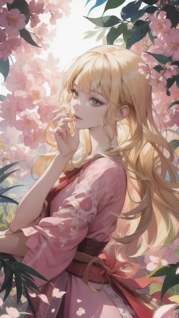 (absurdres, highres, ultra detailed), 1girl, mature female,Alice,wavy blonde hair, long hair, blunt bangs, green eyes, pink dress, finely detailed eyes and detailed face, extremely detailed CG unity 8k wallpaper, intricate details, BREAK , kaleidoscopic imagery, symmetrical patterns, vibrant colors, geometric shapes, mesmerizing designs, optical illusions, dynamic composition BREAK , pantomime art, expressive body language, silent storytelling, evocative gestures, visual narratives, theatrical performances BREAK , blooming flowers, colorful petals, fragrant scents, nature's bounty, vibrant gardens, peaceful scenery