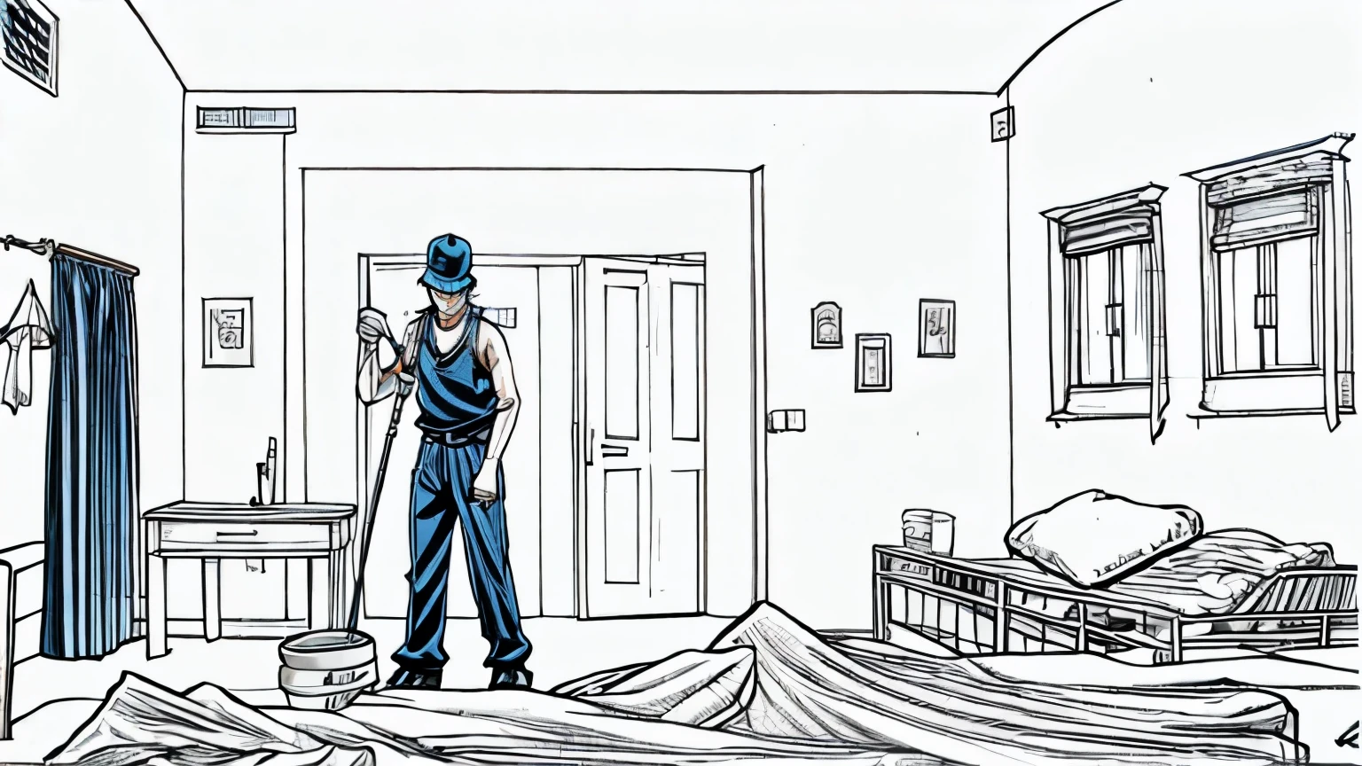 sad male janitor, buttoning and putting on uniform, cleaning room, manga style, art, quality