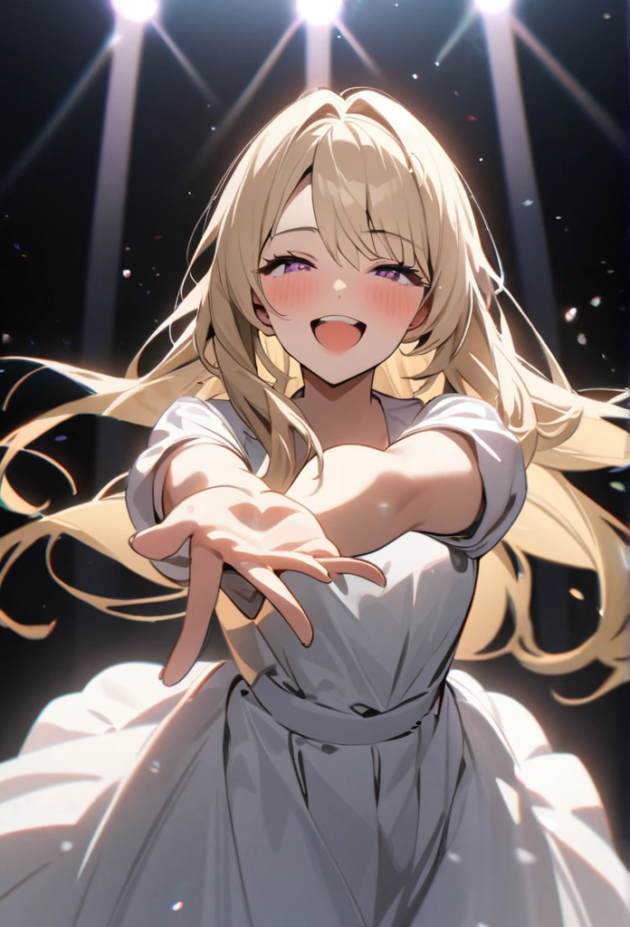 High quality, high definition images, full HD、8k.1 girl solo in the ball, dark lights, beautiful dress, cute face, long hair, happy, school dance, popular, stretching hand, perfect anathomy, peefect hands, Mature Lady, 20 years old, blonde, eyes crimson