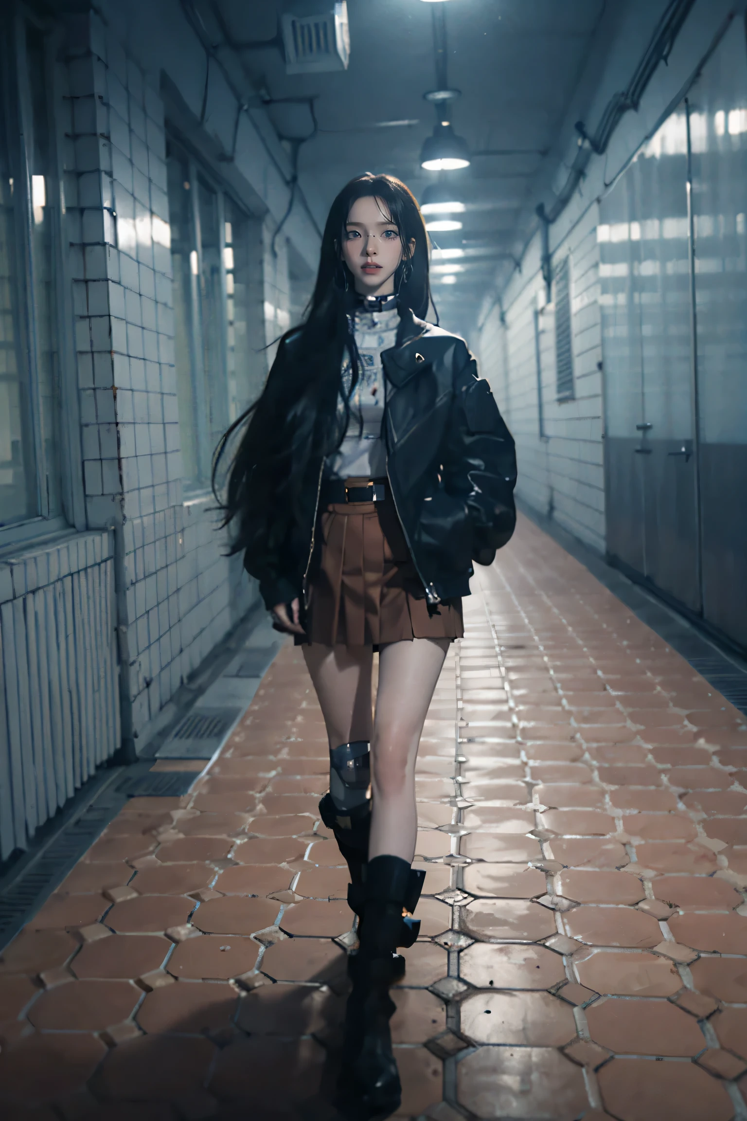 masterpiece, Highest quality, Red knee socks, Red jacket, Pleated skirt, Red Skirt, Long sleeve, choker, Red Shirt, Open jacket, White ribbon, High heel boots, Asphalt road, Traces of Gaze, Night Sky, neon, From above,Revealing clothing,NSFW,