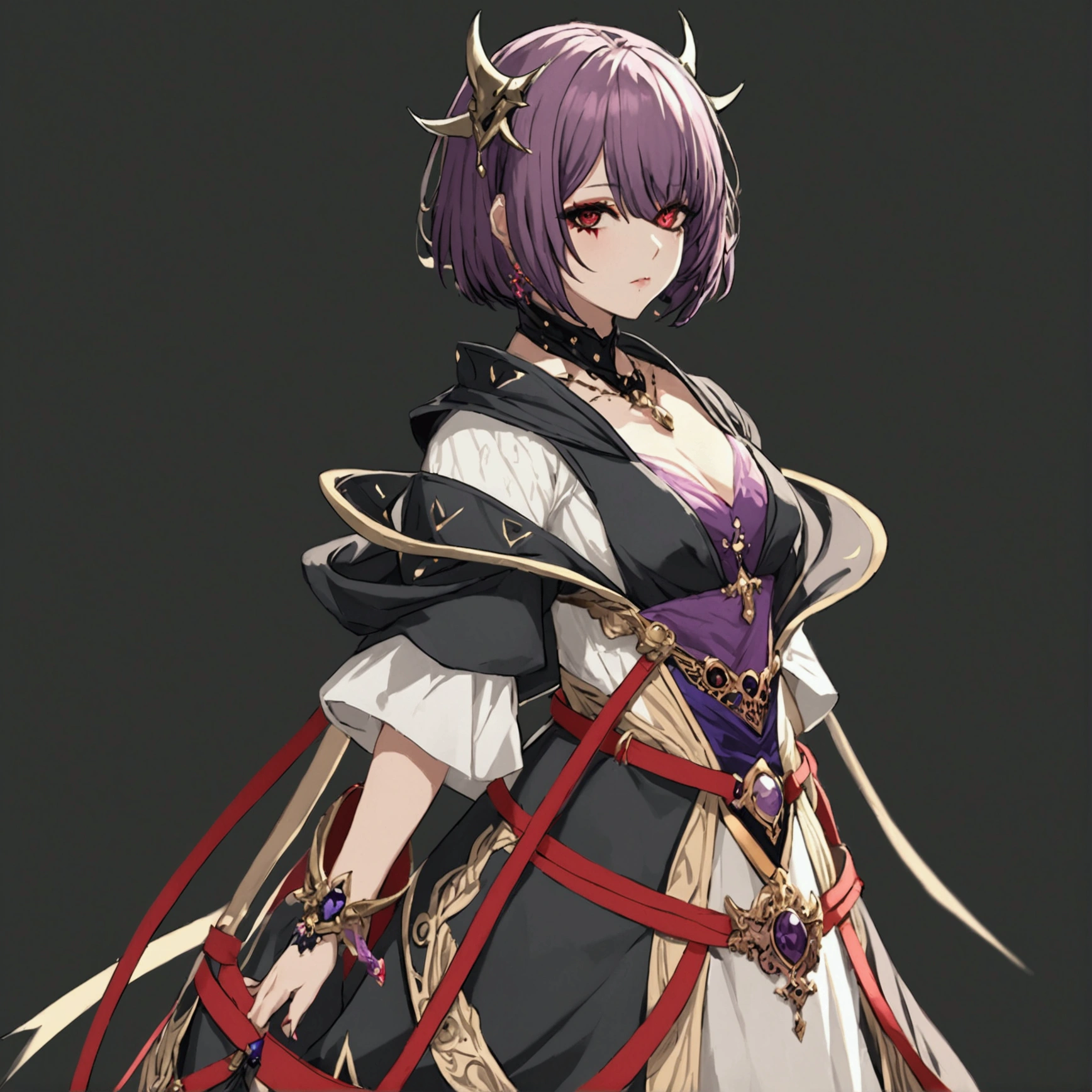 masterpiece, best quality, good quality, Highly detailed, shadowverse style, female, full body portrait, red eyes, mask, fantasy aesthethic, short bob cut hair, dark purple hair, (((Full-length portrait)))