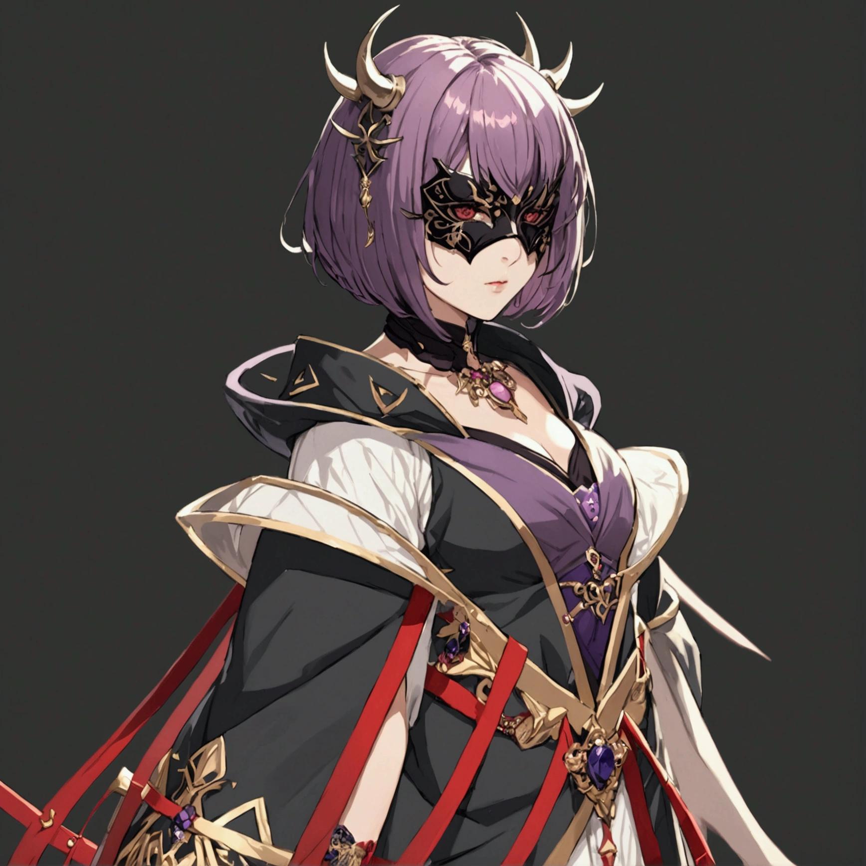 masterpiece, best quality, good quality, Highly detailed, shadowverse style, female, full body portrait, red eyes, mask, fantasy aesthethic, short bob cut hair, dark purple hair, (((Full-length portrait)))