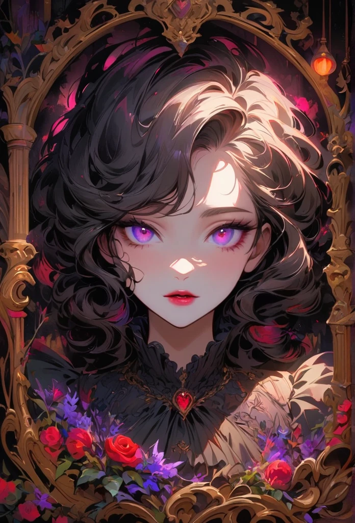anime,beautiful detailed eyes,beautiful detailed lips,extremely detailed eyes and face,longeyelashes,colorful,vivid colors,portrait,landscape,horror,studio lighting,sharp focus,physically-based rendering,extreme detail description,professional,bokeh,HDR,UHD,ultra-fine painting,concept artists,gothic,Victorian-style bedroom,beautiful witch,dark atmosphere,vibrant colors,soft lighting,enchanted plants,flowing lavender,anime-style characters,mysterious shadows,exquisite details,vintage furniture,luxurious textures,eye-catching composition,romantic mood,rose,kissmark,monochrome,heart