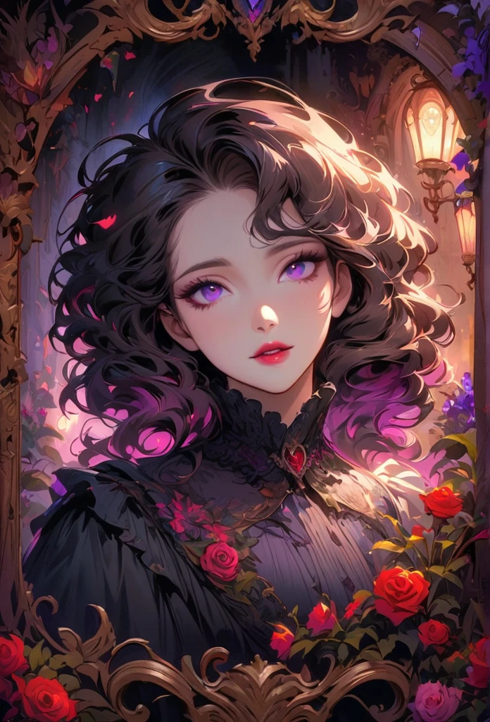 anime,beautiful detailed eyes,beautiful detailed lips,extremely detailed eyes and face,longeyelashes,colorful,vivid colors,portrait,landscape,horror,studio lighting,sharp focus,physically-based rendering,extreme detail description,professional,bokeh,HDR,UHD,ultra-fine painting,concept artists,gothic,Victorian-style bedroom,beautiful witch,dark atmosphere,vibrant colors,soft lighting,enchanted plants,flowing lavender,anime-style characters,mysterious shadows,exquisite details,vintage furniture,luxurious textures,eye-catching composition,romantic mood,rose,kissmark,monochrome,heart