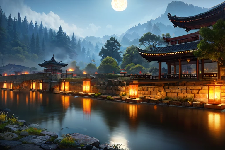 (Beautiful ancient Chinese architecture, moonlight flickers, Lakes at night, In the shade of bamboo forests, stone bridge arches, Churning water, stone paths in the rocks, Flowering water lilies, hot spring water vapor, An auspicious illustration of moonlight: 1.0), epic composition, super details realistic, Very realistic lighting, The best quality of wallpaper, masterpiece. (очень подробные обои CG Unity 8k) . 