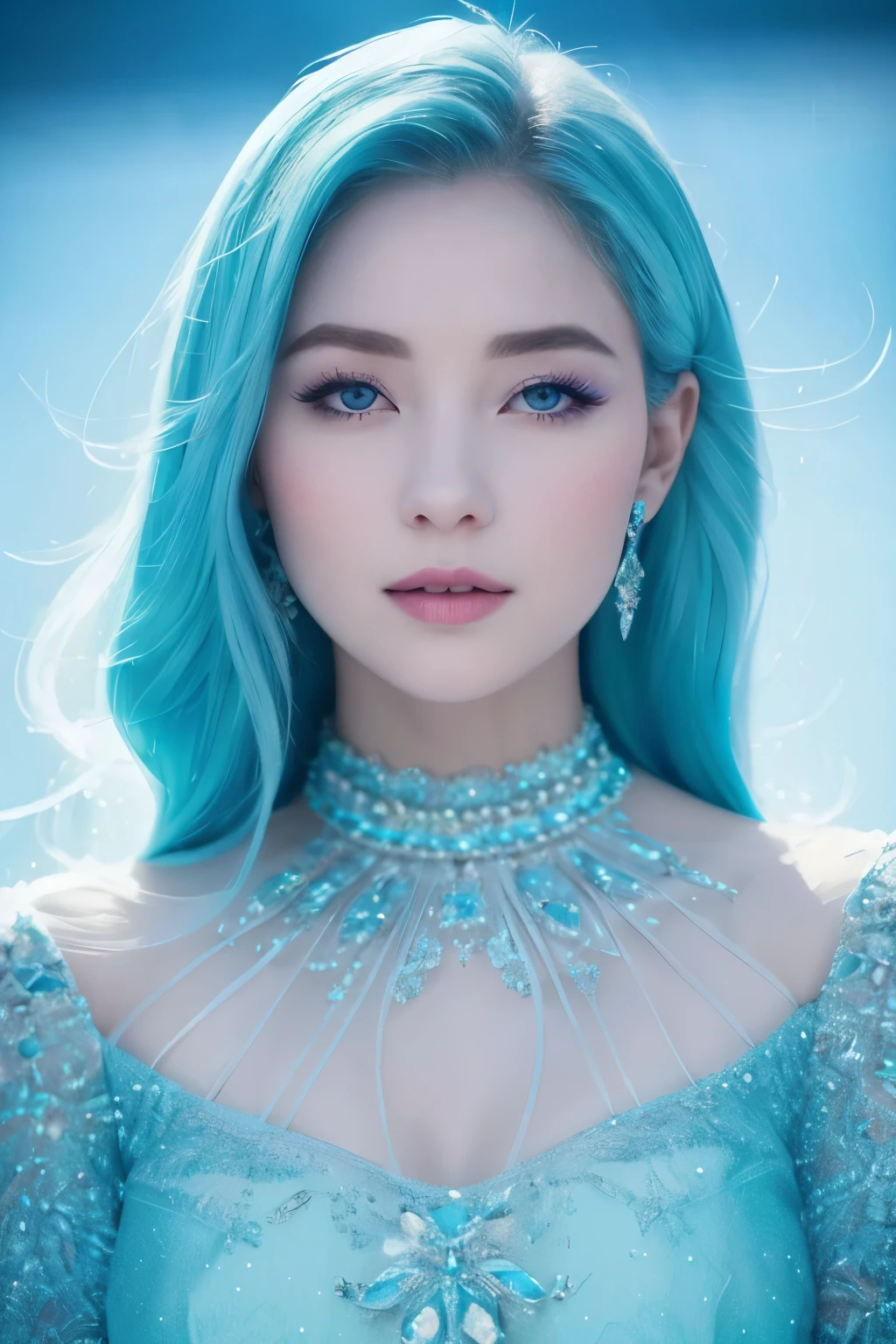 The Iceberg Queen is tall.、beautiful looking woman。She's got ice blue hair,It's like winter ice,Gives off a mysterious and cold aura。Her hair is soft and silky,Clear as ice and snow,Each emits a faint blue light.。very detailed face,Realistic and delicate skin,perfect looks,Ice blue eyebrows and lips are perfectly detailed.。
The queen's face is elegant,My eyebrows are curved like the moon,slightly pursed lips,Exuding pride and confidence。A face like a melon is white as snow,Soft and smooth,It's like a carefully crafted work of art.。Those eyes were deep and clear,It's like a turquoise puddle,Demonstrates wisdom and determination。
Iceberg queen wearing a gorgeous and elegant long dress,The skirt is made of royal blue chiffon material..,light and elegant。The skirt features a delicate pleated design.,Like falling snowflakes,It seemed as if an enchanting landscape had formed behind her..。
Her body is covered in an array of delicate silver jewellery..,radiates ice light,It goes well with ice blue hair.。The Queen wears a blue sparkling diamond ring on her finger..,Please make her more noble and elegant.。
The environment where the Iceberg Queen is located seems to perfectly depict the world of ice and snow..。Surrounded by rolling glaciers and towering snow-capped mountains.,the sun shines on the snow,The whole surroundings are filled with bright light.。The cold wind is blowing gently,Bring some coolness,But this does not in any way diminish the queen's dignity and temperament..。
generally,Iceberg Queen with ice blue hair、noble and elegant appearance、Gorgeous makeup and costumes,And the purity and mystery of the ice and snow world surrounding her.,You can't ignore her presence.。