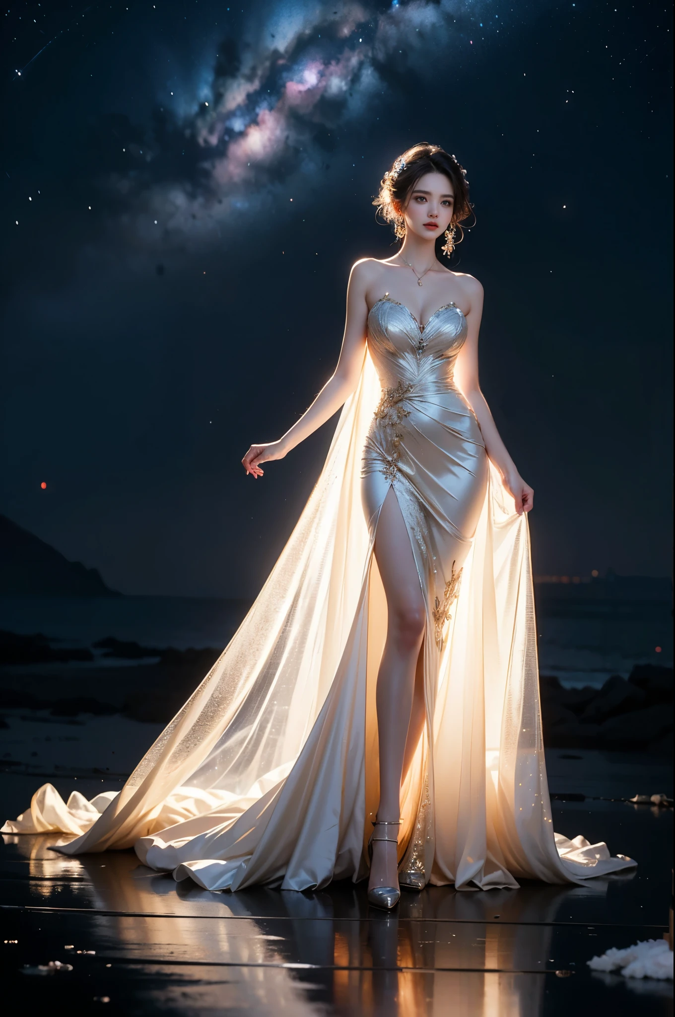 wrenchfaeflare
glowing, embroidery, accessories, jewelry, reflection, refraction
insert_your_color dress
insert_yourr_pattern pattern
add_some_Random_mumbo_jumbo_shit_like_molten_lava_frozen_ice_idk
night sky, starry sky, star \(sky\), ((1 girl, Elegant posture)), Natural leg proportions, Visible cleavage, masterpiece, (best quality, 4K, 8K, high resolution, masterpiece:1.2), Extremely detailed, (Practical, photoPractical, photo-Practical:1.37), Official Art, CG, Anatomically correct, Random Scenes, Random shooting angle, Movie, photography, Intricate background, Soft lighting, Subtle shadows, Vibrant colors, Expressive eyes, Beautiful, high class boutique, Ambience, A moment of honesty, Natural expression, Detailed texture, Fine details, Refined and elegant, Exquisite style, Artistic Composition, Beautifully presented.