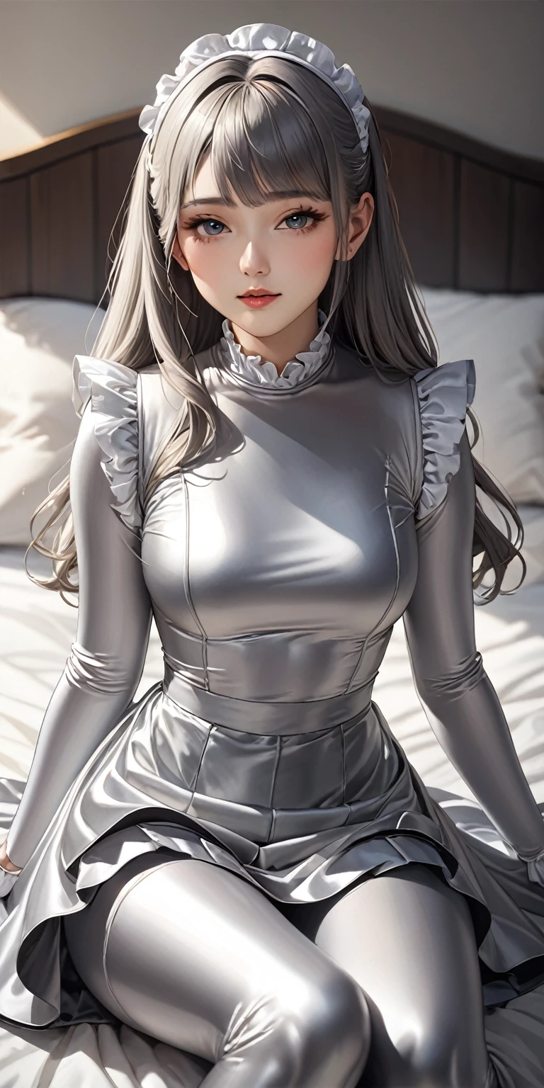 Portraiture、(masterpiece,Highest quality,Ultra-high resolution),Japanese women, (((Very beautiful 25 year old girl)))、She is wearing a shiny light silver satin long sleeve maid outfit..、The dress has a simple design without any patterns...、The skirt is a long skirt with frills.、Satin Gloves、((Satin bodysuit))、Sitting on the bed