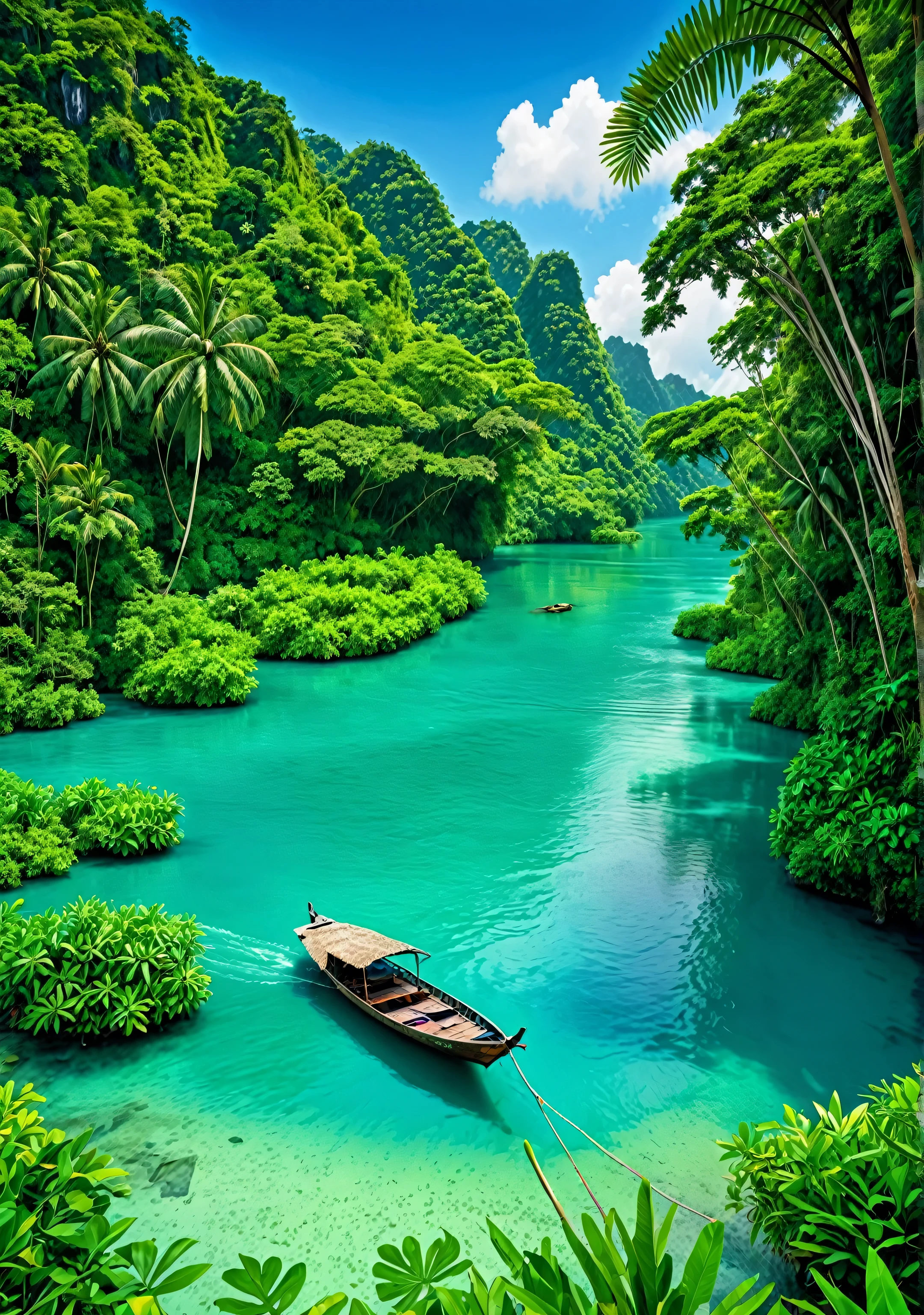 a boat that is sitting in the water, river with stunning water, indonesia, beautiful jungle landscape, beautiful water, wet lush jungle landscape, beautiful jungle, snake river in the jungle, really beautiful nature, indonesia national geographic, green waters, blue and green water, crystal clear water, beautiful nature, vibrant water river, natural landscape beauty, puddles of turquoise water, 4k hd,, beautiful art uhd 4 k, a beautiful artwork illustration, beautiful digital painting, highly detailed digital painting, beautiful digital artwork, detailed painting 4 k, very detailed digital painting, rich picturesque colors, gorgeous digital painting