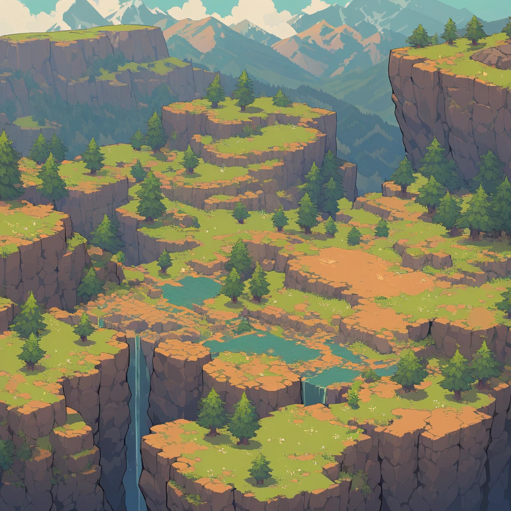 Retro video game style, pixelated, vibrant colors, 8-bit characters, blocky shapes, sharp lines, detailed shading, classic gaming vibe, nostalgic atmosphere, classic arcade games. Masterpiece:1.2, ultra-detailed, illustration style. 2D texture, stone texture, 4K seamless mud texture, video game texture, dirt texture. Game tiles, grass, 3/4th perspective trees, 3/4th perspective tileable rock texture, 3/4th perspective tileable cliff formations, tileable trees, top-down view, tileable texture. Very detailed cliff texture, intricate stones.

Mountain Terrain: Diverse mountain shapes and elevations, including peaks, ridges, and valleys.

Texture Detail: High resolution with intricate details like rocky surfaces, crags, and natural erosion patterns.

Seamless Pattern: Ensure that the edges of the tile seamlessly align with adjacent tiles to create a continuous and coherent mountain range when repeated