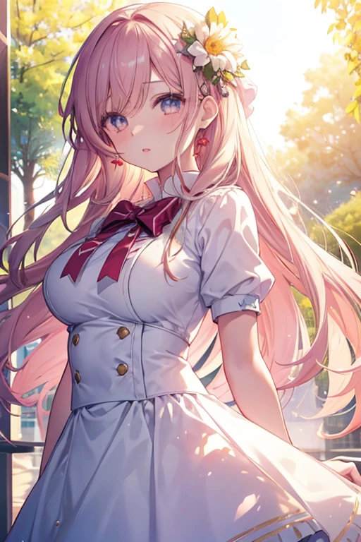 1girl, ichinose honami, white skirt, long flowing hair, beautiful detailed eyes, beautiful detailed lips, big breasts, outdoor scene, sunny day, vibrant colors, highres, soft lighting, bokeh, romance, anime style.