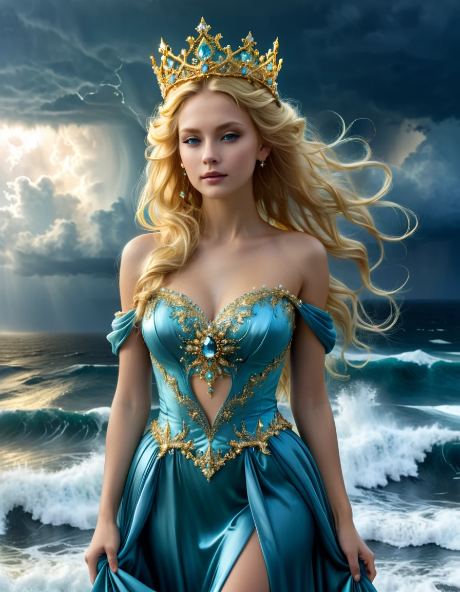 f magical beauty, a fairy-tale princess, with a crown that shines, golden hair, with a beautiful diadem, with long long eyelashes in the Levi fractal, stands in full growth in a magnificent dress in front of a raging ocean of a storm
