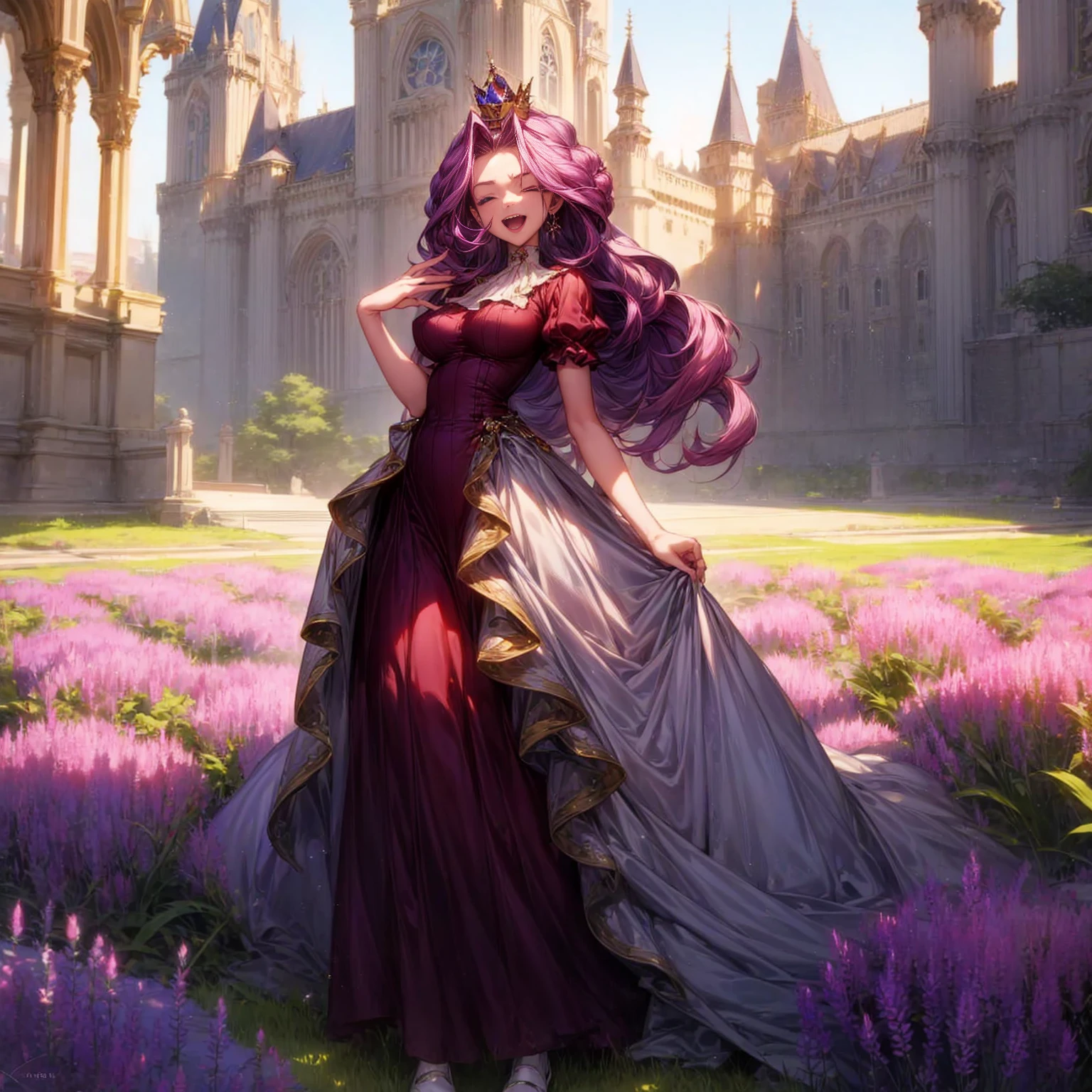 Solo character, full body version, detailed background, detailed clothing, detailed hair, detailed face detailed gesture, girl, purple eyes, lavender color hair, long haircut, long dress Victorian, red color dress, shoes, diamond earrings, outdoor, Castle park, sunlight, close eyes, happy, open mouth, laugh, standing gesture, big Breast, diamond crown