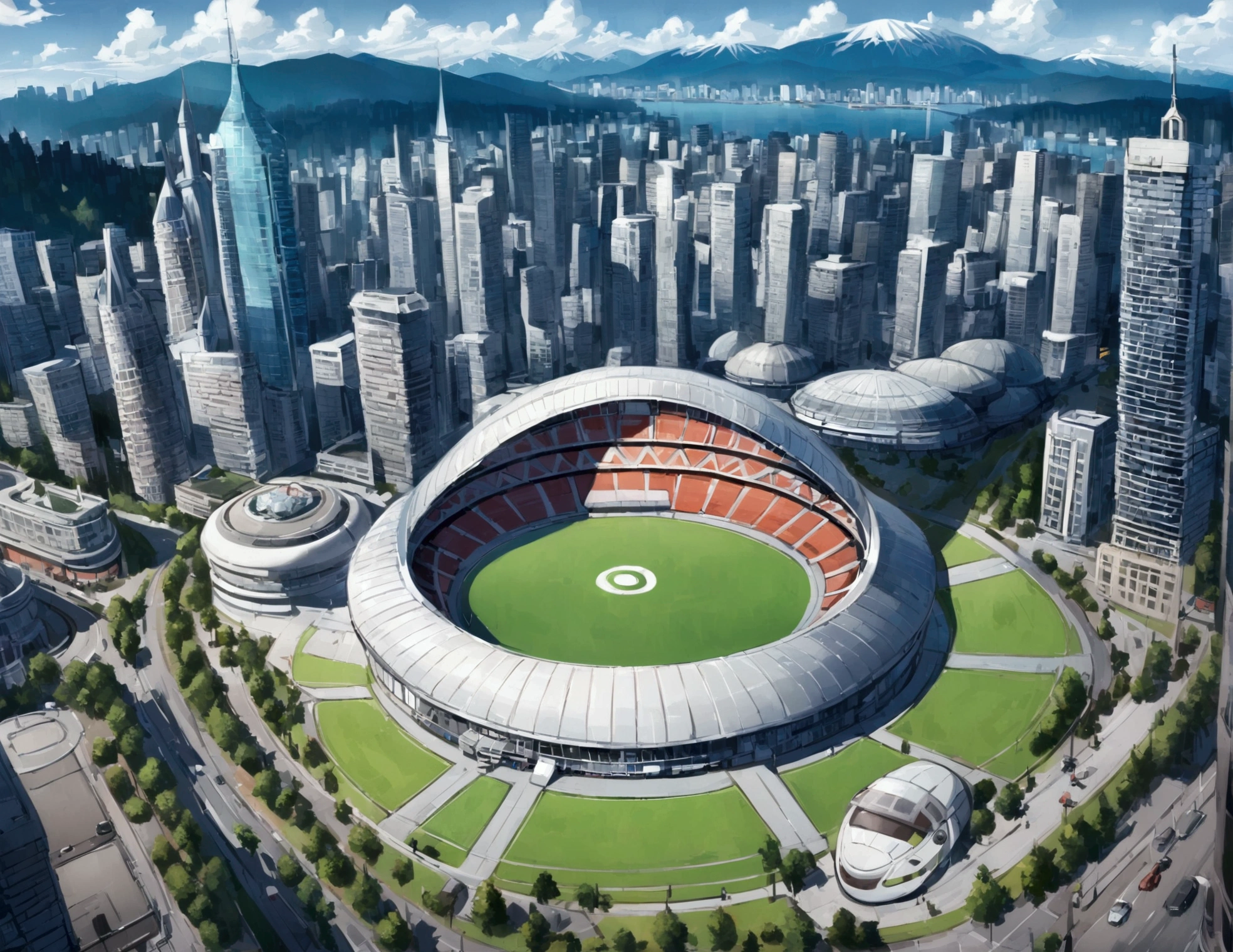 Vancouver Canada, Pokemon, Glass Buildings, Large Stadium with spires and dome, Pokemon Center, skyline of vancouver