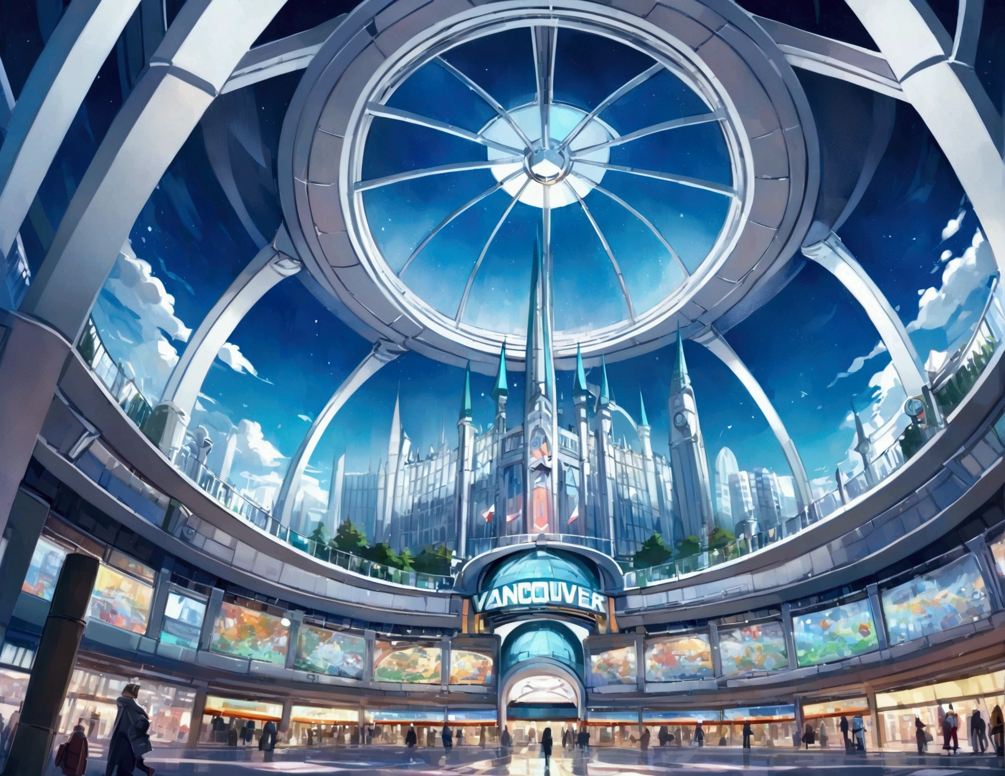 Vancouver Canada, Pokemon, Glass Buildings, Large Stadium with spires and dome, Pokemon Center, skyline of vancouver
