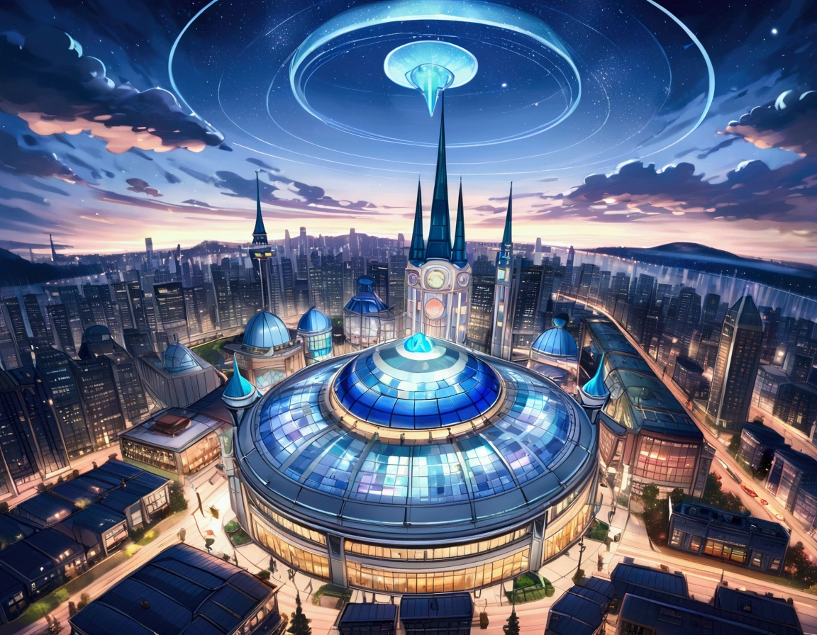 Vancouver Canada, Pokemon, Glass Buildings, Large Stadium with spires and dome, Pokemon Center, skyline of vancouver