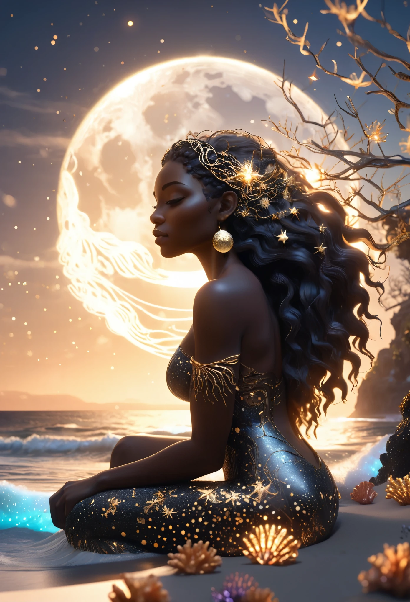 Line illustrations in shape of a black woman holding the moon with gold dots designing the glowing hair, flowing long hair made of twinkling stars, she's sitting at the ocean shore surrounded by glittering seashells and coral reefs, sunrise in the background colliding with the ocean wave, crafted using cutting-edge 3D modeling, Octane rendering, V-Ray, and Unreal Engine, evoking an otherworldly, cinematic atmosphere.